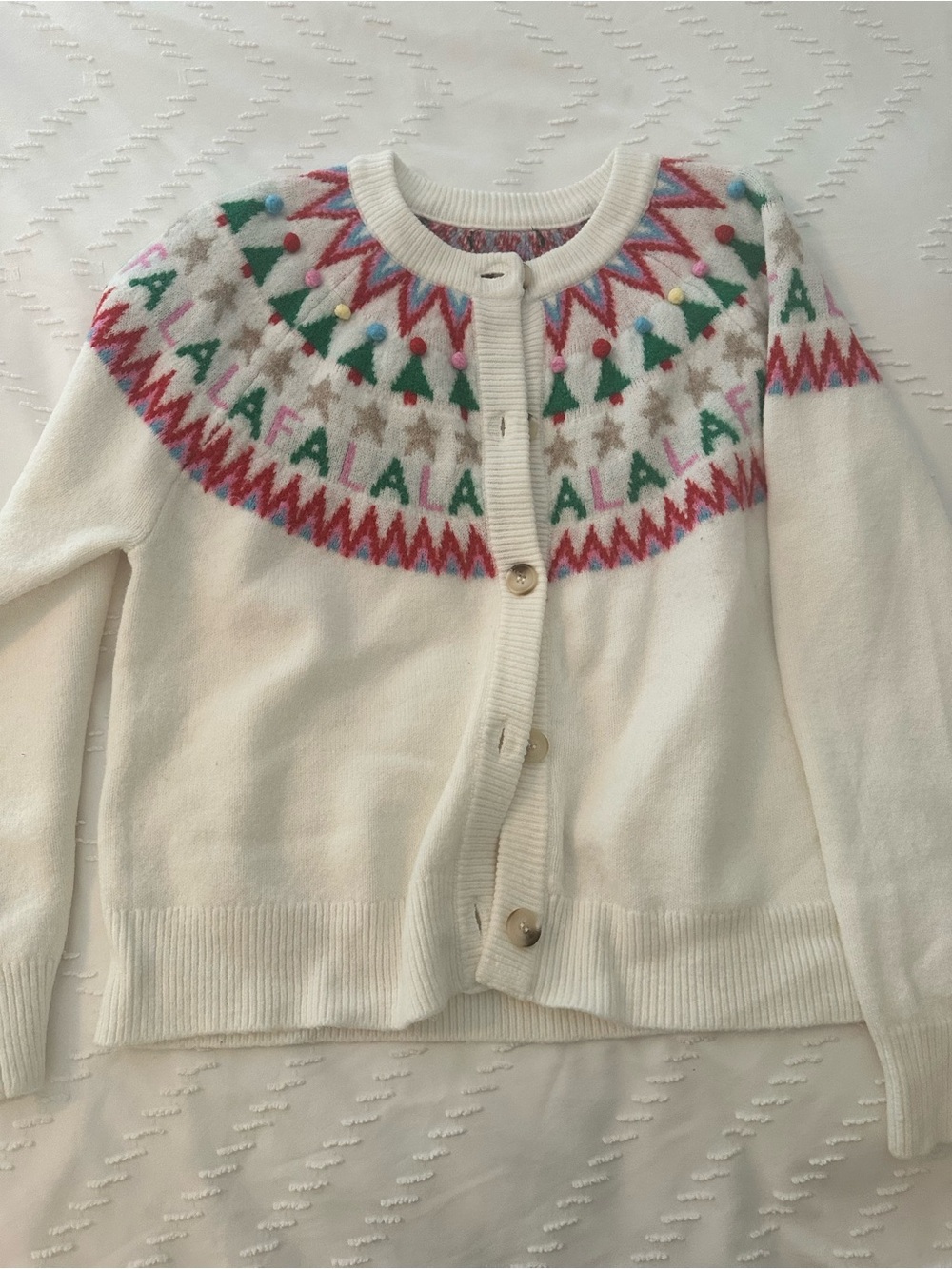Cream Fair Isle Yoke Button-Front Cardigan with Pom-Pom Trim